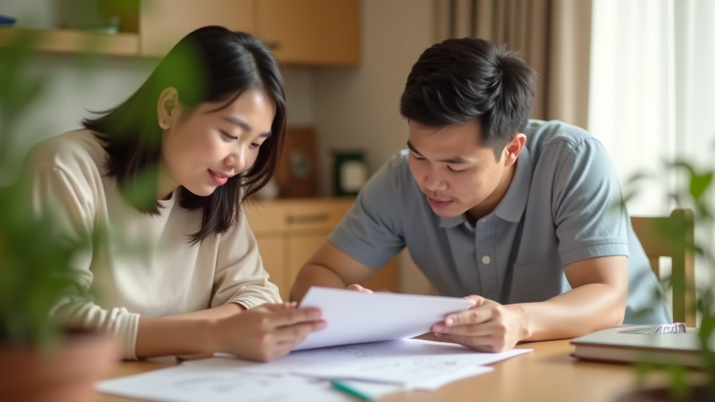 Family discussing education planning around table with documents and laptop