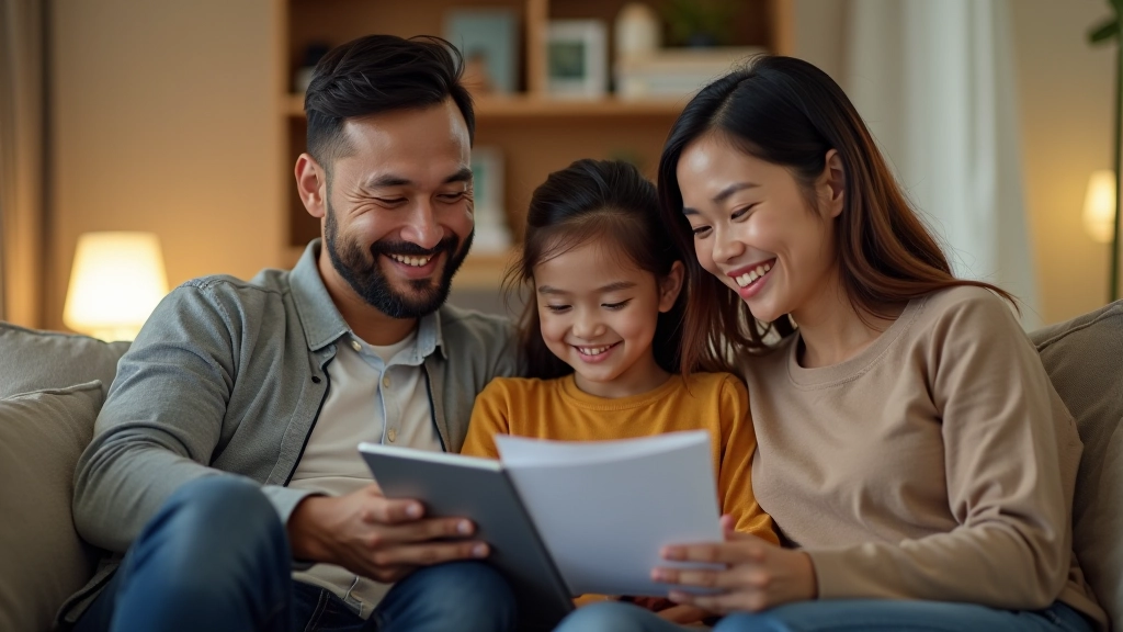 Family seated together reviewing scholarship information and application materials on tablet