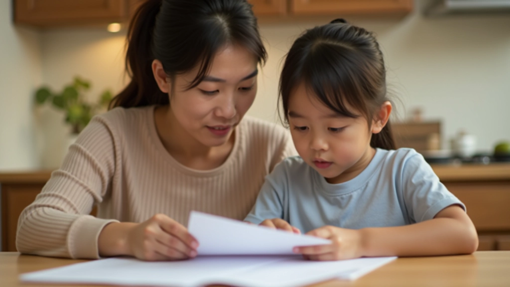 Parent and child reviewing education savings documents at home