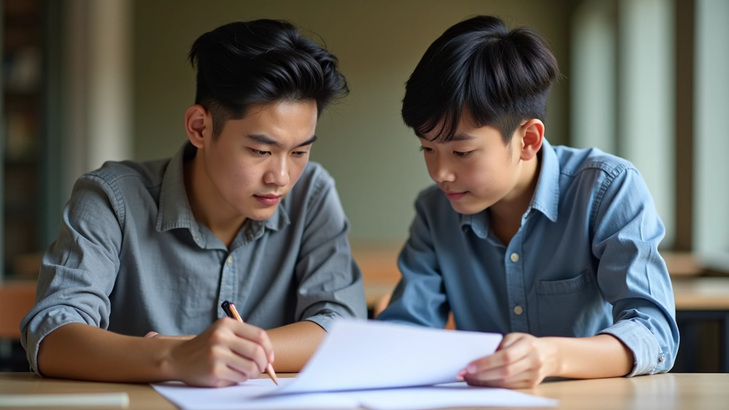 Student with mentor or counselor reviewing scholarship application essay and qualifications together